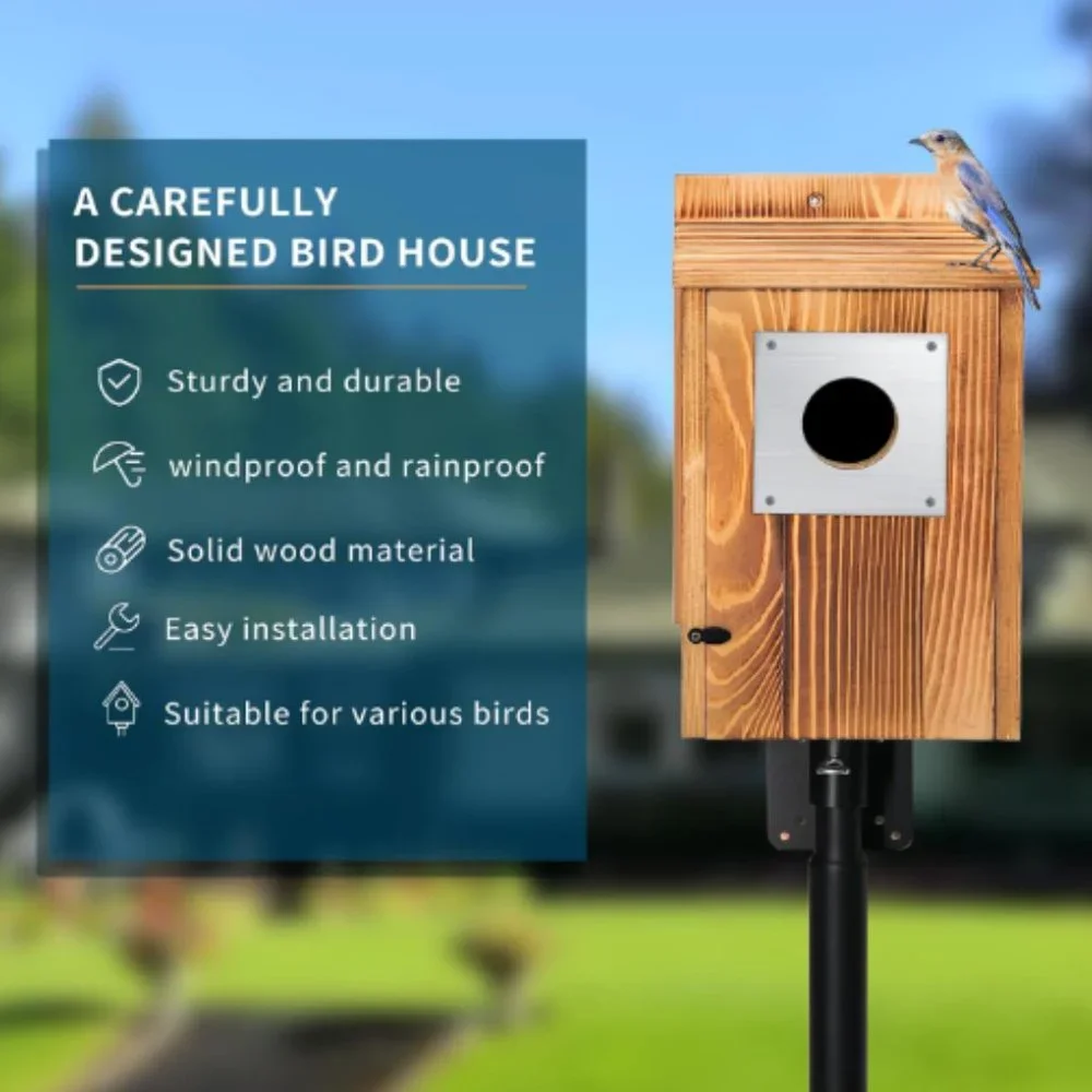 Pine Wood Birdhouse w/ Metal Predator Guard & Cleaning Door